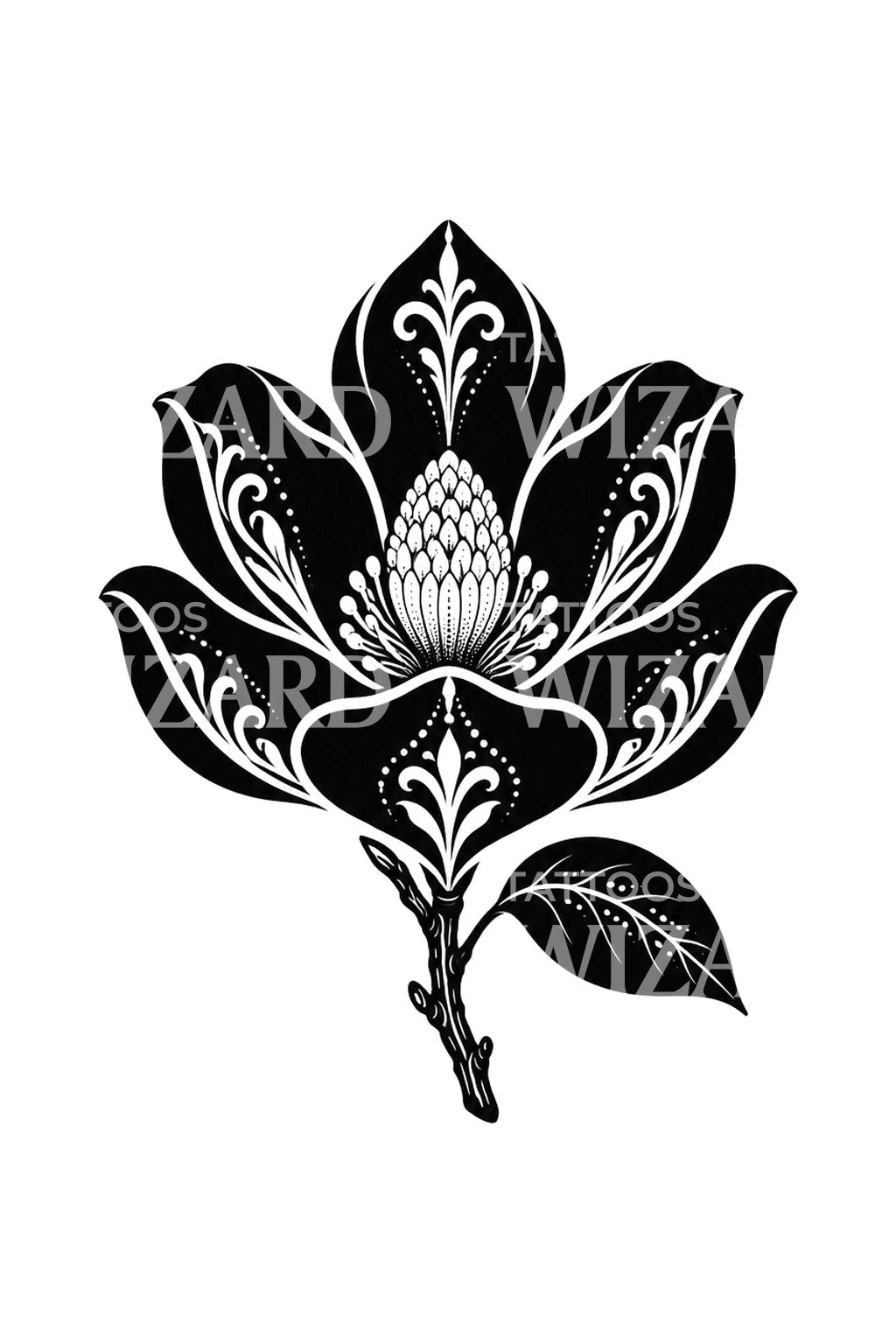 Poised Black Magnolia Filigree Tattoo Design
