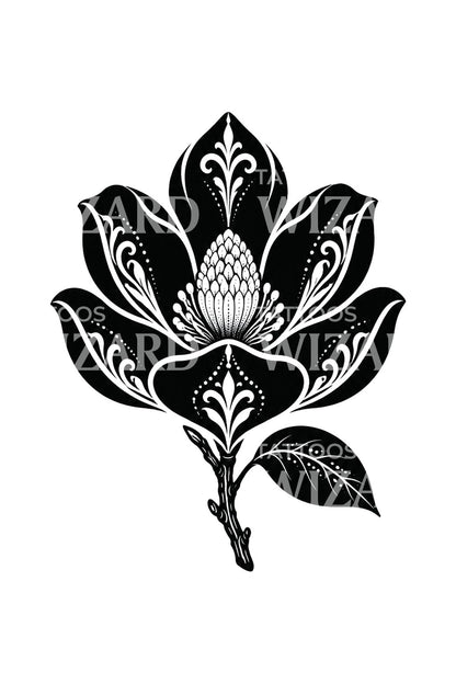 Poised Black Magnolia Filigree Tattoo Design