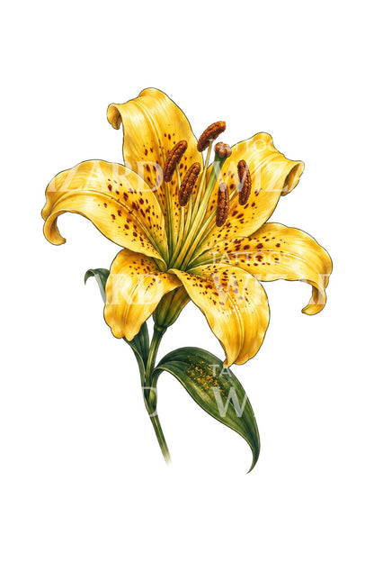 Diseño de tatuaje realista de lirio amarillo cubierto de polen
