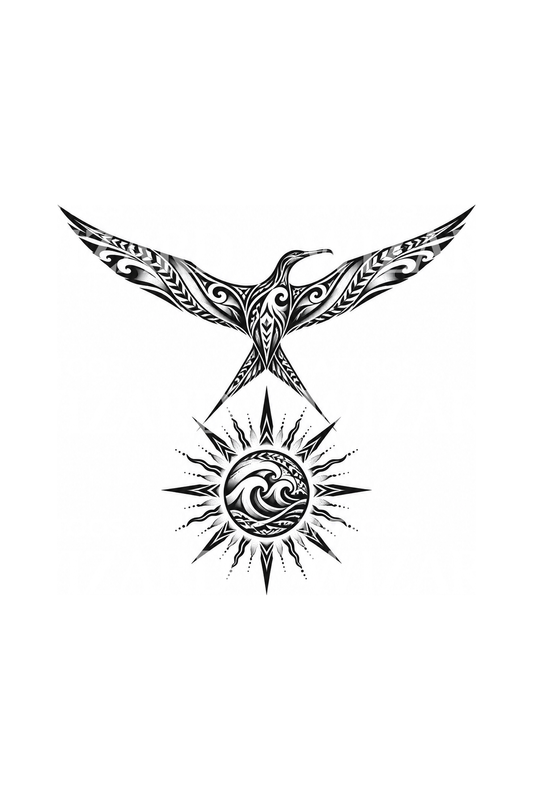 Polynesisk fregatfugl og sol som tatoveringsdesign