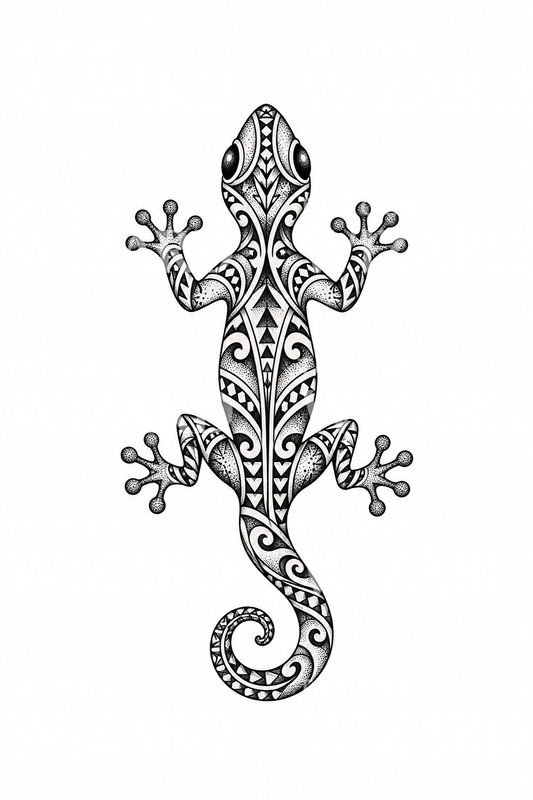 Gecko-tatovering med polynesisk mønster