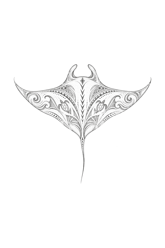 Fine line-tatovering av manta med polynesisk mønster