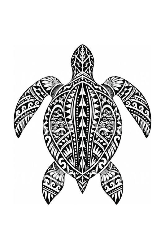 Tatuaż blackwork żółwia morskiego z polinezyjskim wzorem