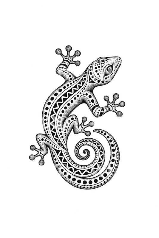 Polynesian Style Gecko Spiral Dotwork Tattoo