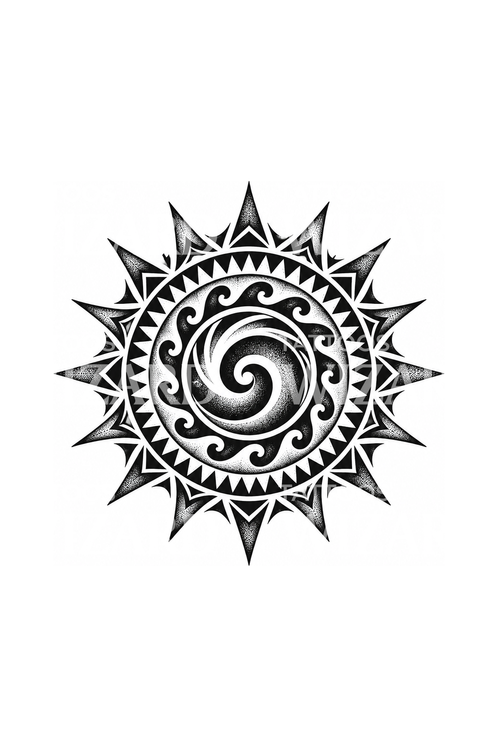 Polinéz napspirál dotwork tetoválás