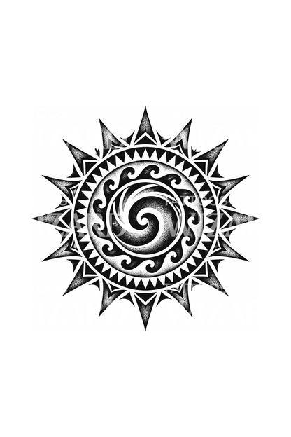 Polinéz napspirál dotwork tetoválás