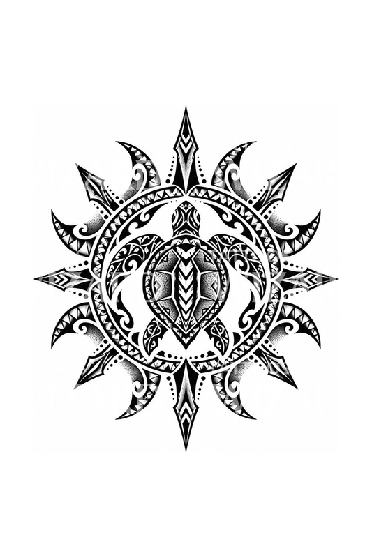 Polynesian Sun with Sea Turtle Blackwork Tattoo