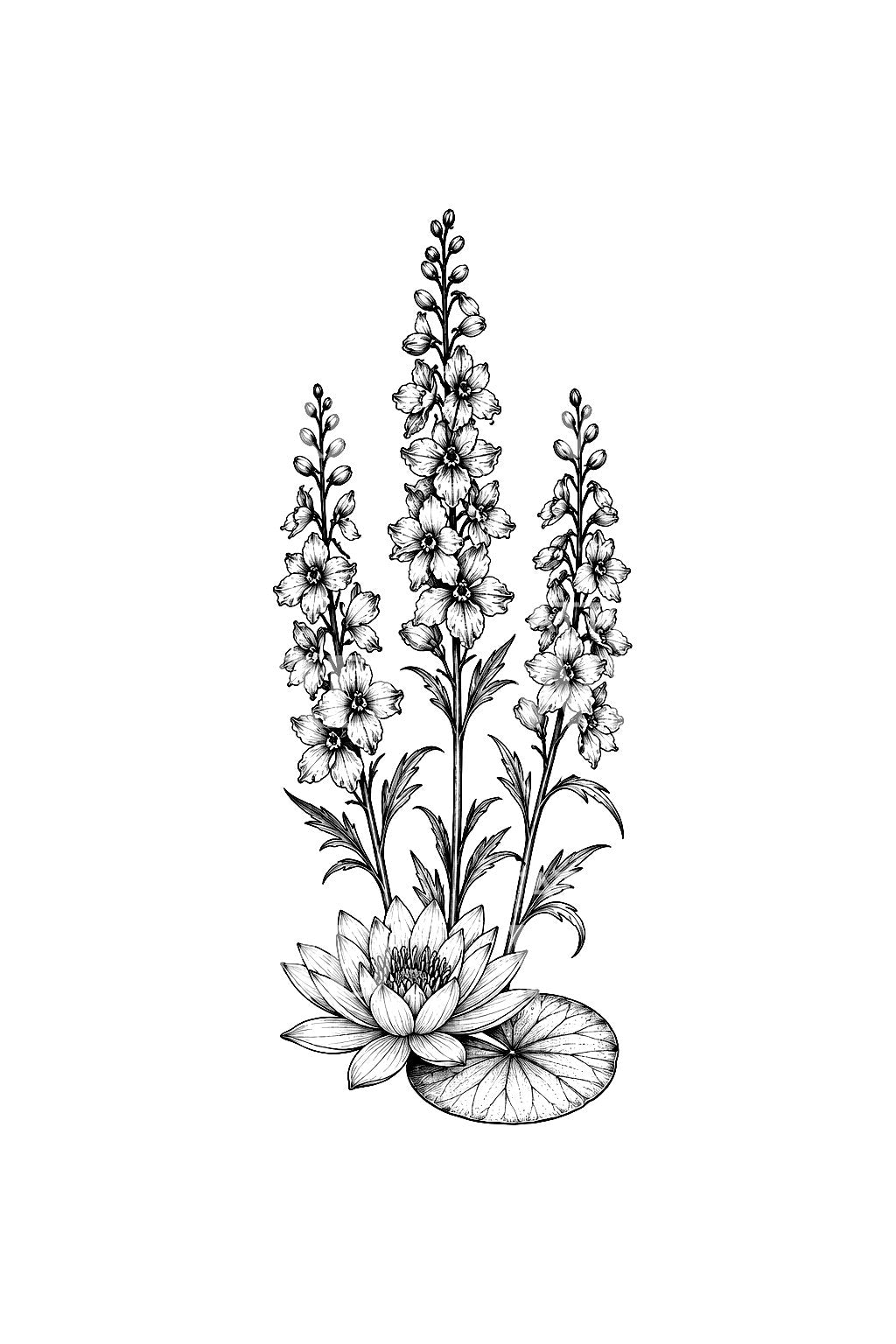 3つの尖塔の下に咲く池の花のタトゥーアイデア