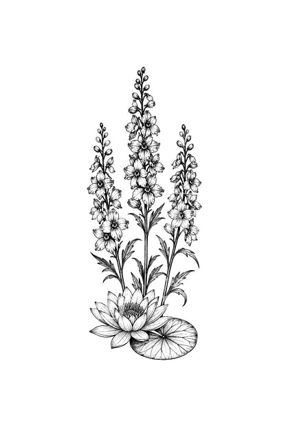 3つの尖塔の下に咲く池の花のタトゥーアイデア