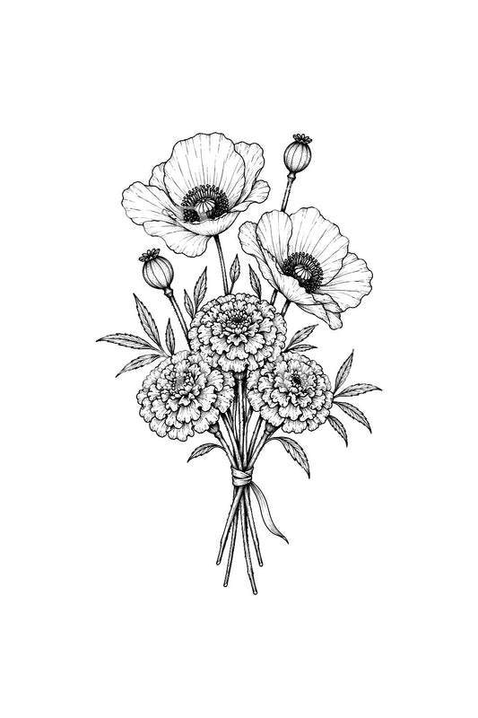 Poppy and Marigold Bound Bouquet Tattoo Idea