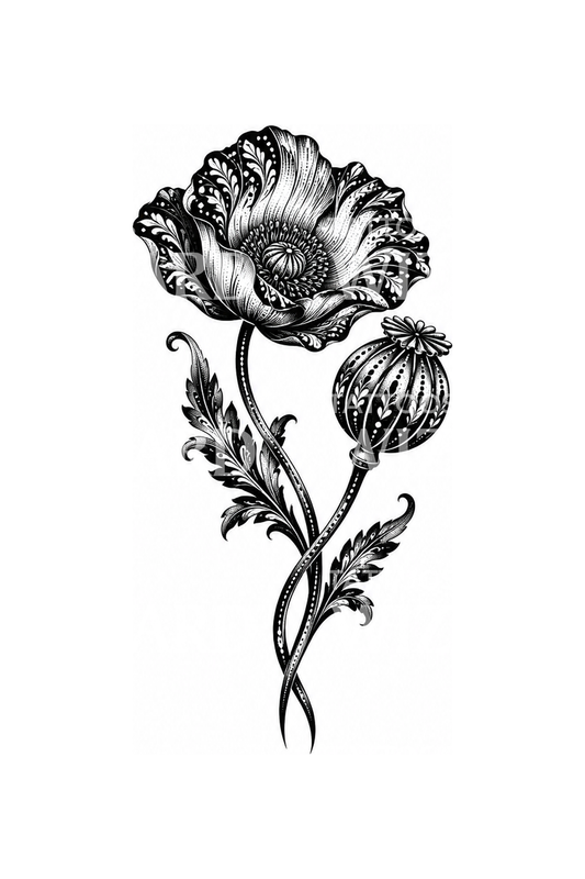 Poppy and Seed Pod Blackwork Tattoo