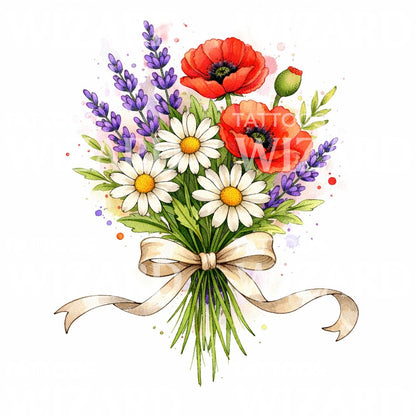 Poppy Daisy Bouquet Tattoo Design