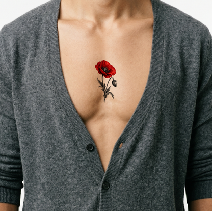 Zwart-grijze klaproos-tattoo met rood accent