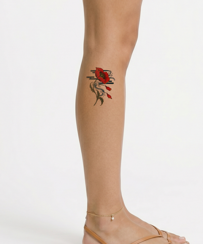 Red Poppy Bending in Japanese Wind Tattoo Design