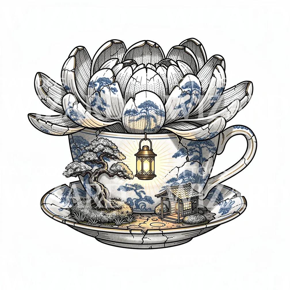 瓷茶杯莲花纹身插画