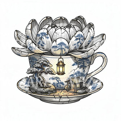 瓷茶杯莲花纹身插画