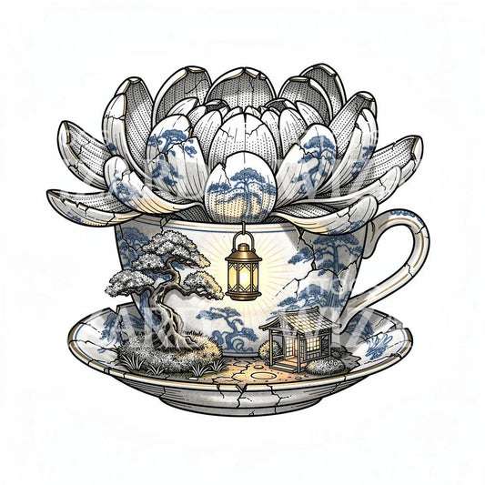 Porcelanowa Filiżanka z Lotosem Ilustracja Tatuażu
