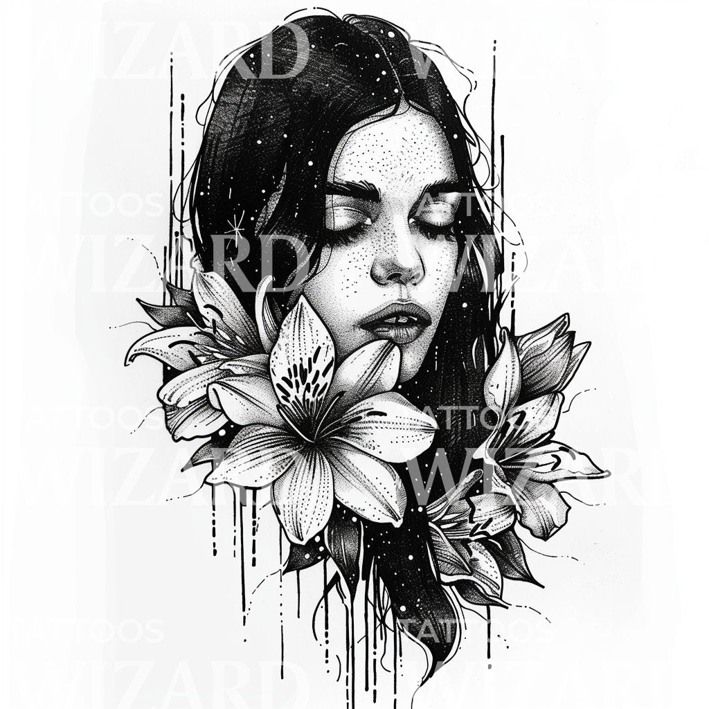 Portrait with Lilies and Grunge Details Tattoo Design