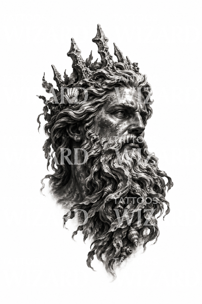 Poseidon Bronze Statue Head with Seaweed Beard Realism Tattoo