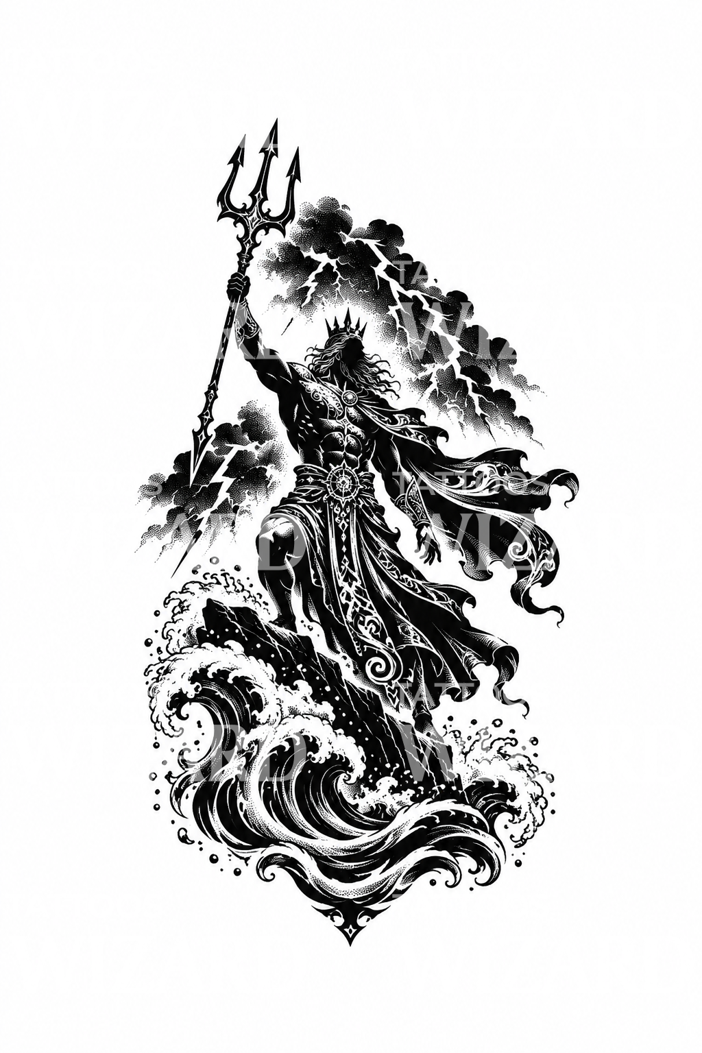 Poseidon ovládající bouři Blackwork tattoo design