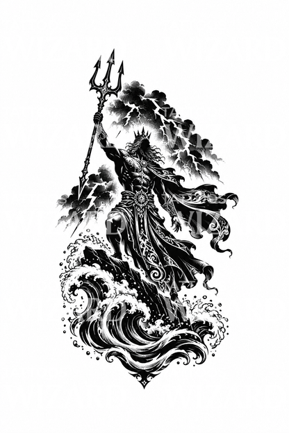 Poseidon ovládající bouři Blackwork tattoo design