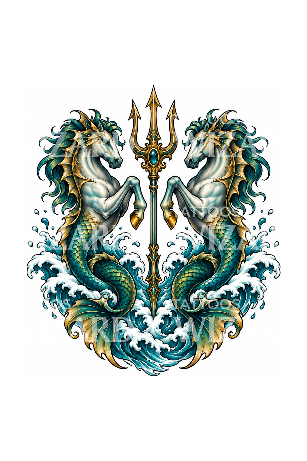 Hippocampes et trident de Poséidon surgissant de la vague, dessin de tatouage