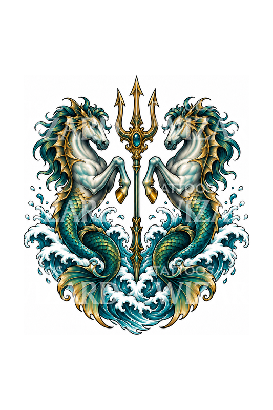 Hippocampes et trident de Poséidon surgissant de la vague, dessin de tatouage