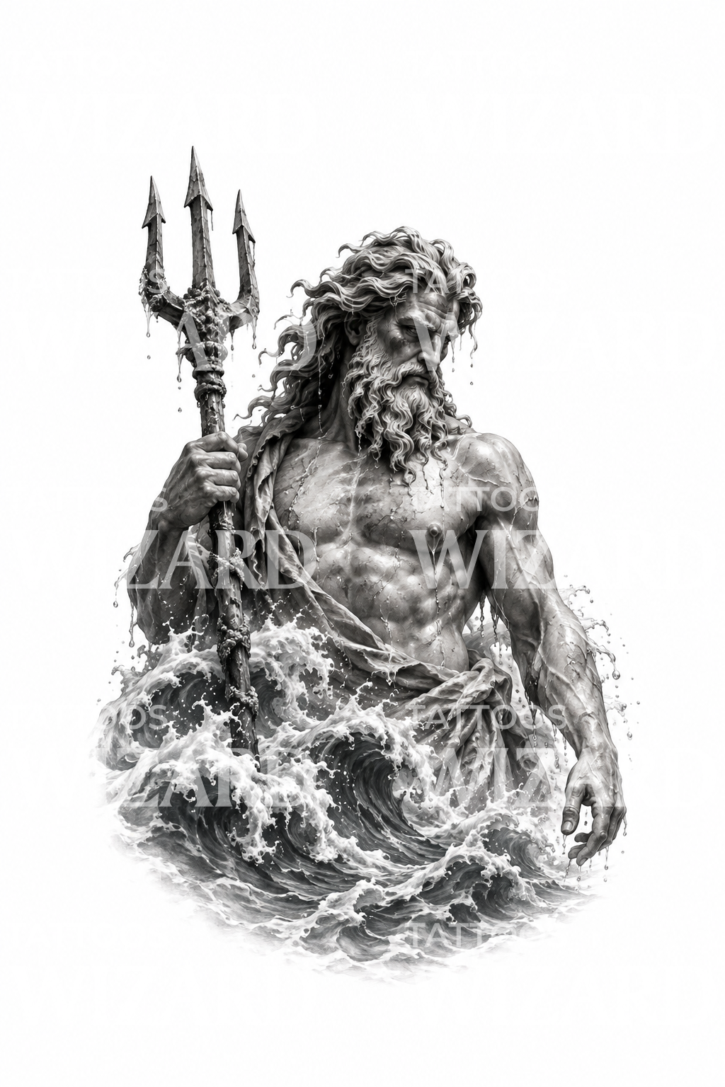 Schwarz-graues Tattoo einer aus dem Meer aufsteigenden Poseidon-Marmorstatue