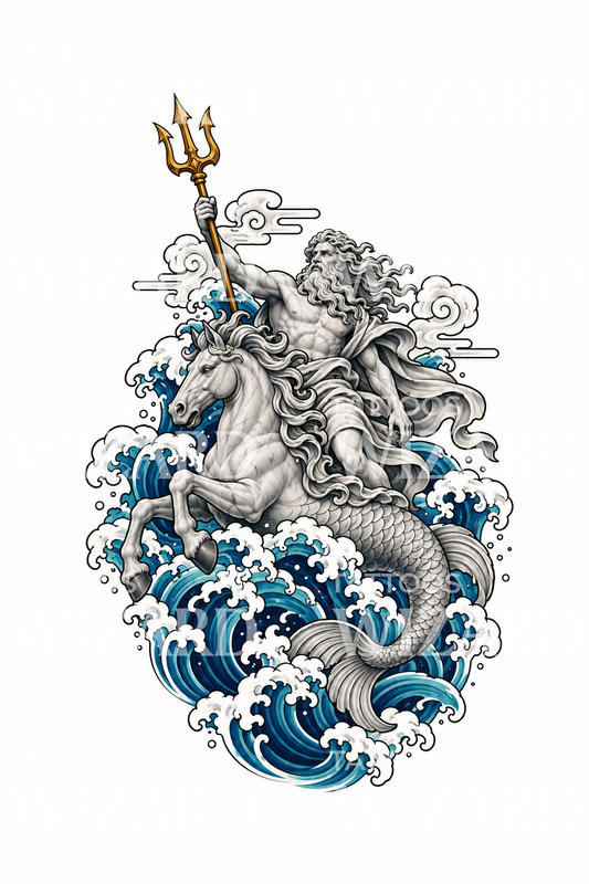 Poseidon Riding Hippocampus on Japanese Wave Tattoo