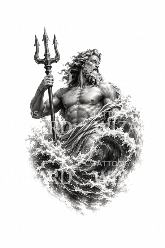 Poseidon Rising from the Wave Tattoo Design
