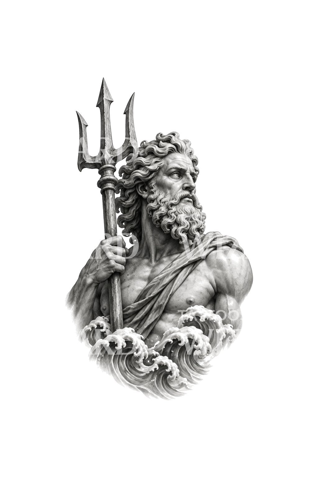 Poseidon Rising from the Waves Tattoo Illustration