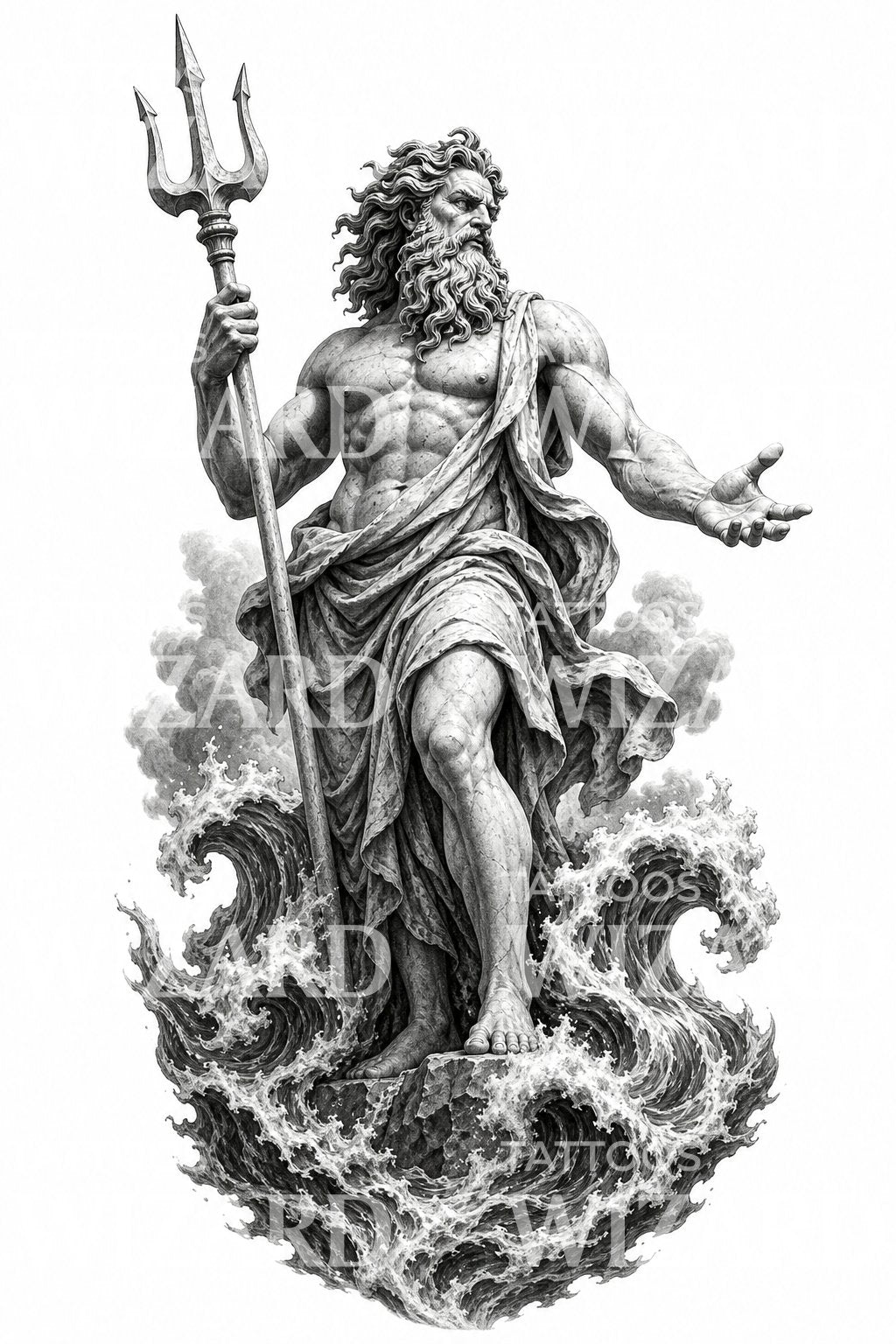 Poseidon Sea God Statue Tattoo Design