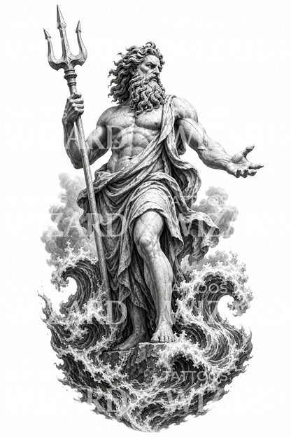 Poseidon Sea God Statue Tattoo Design