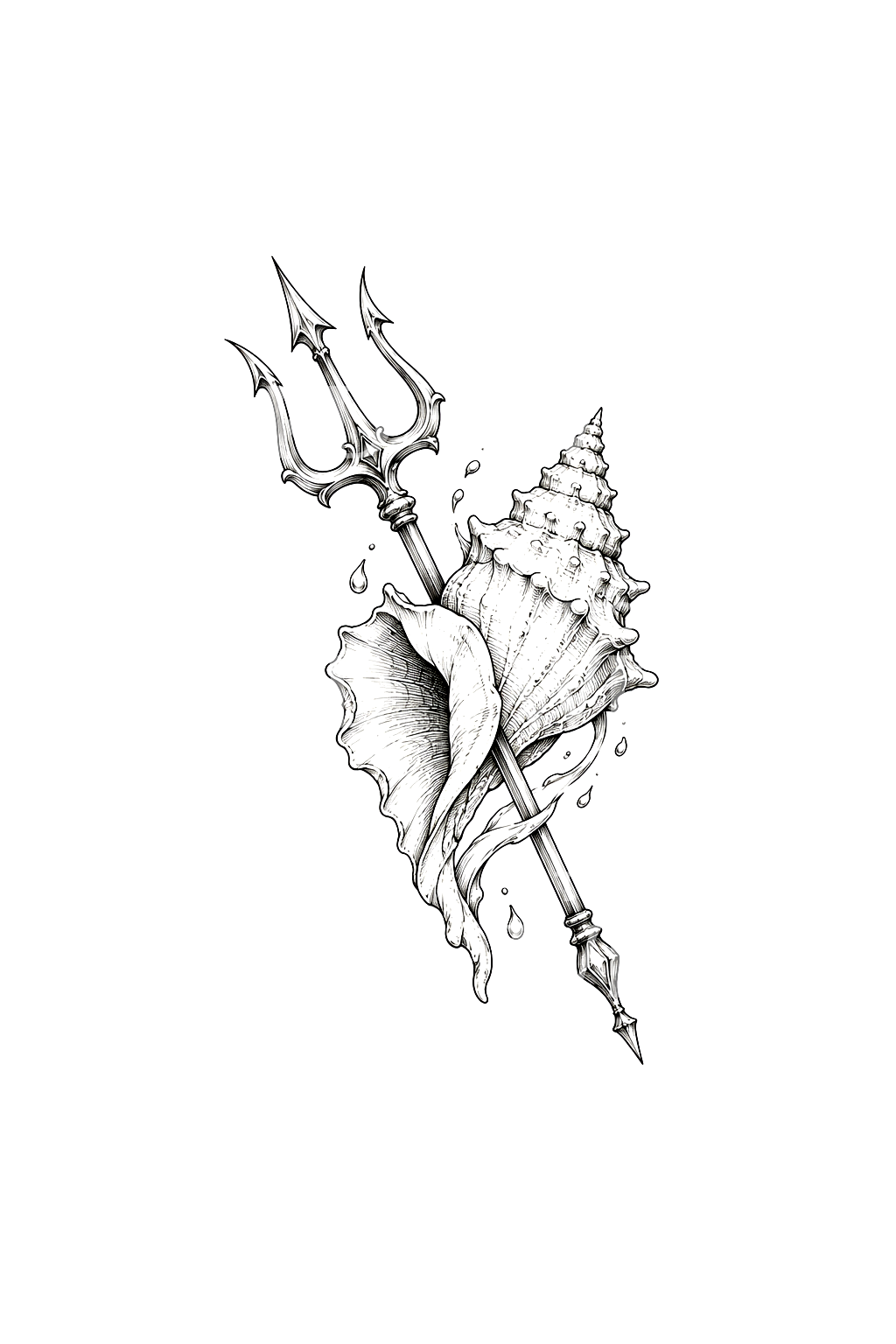 Tatouage fine line du trident et du coquillage de Poséidon