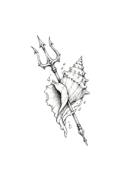 Tatouage fine line du trident et du coquillage de Poséidon