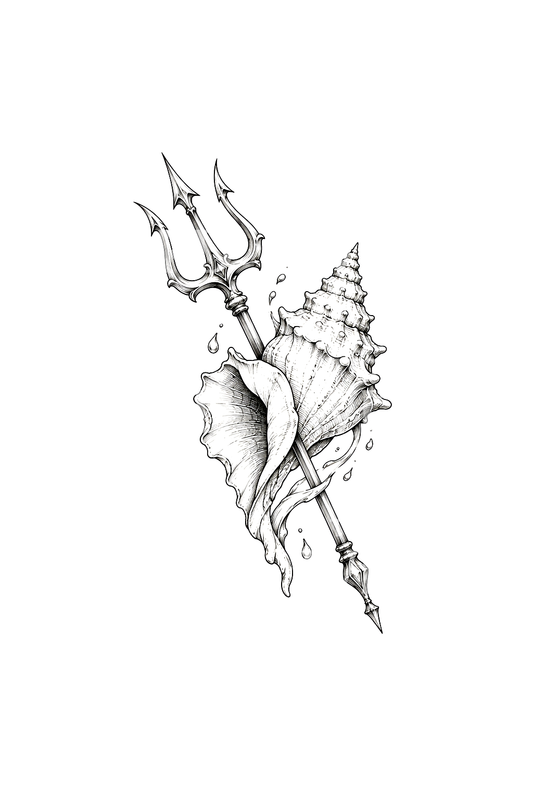 Tatouage fine line du trident et du coquillage de Poséidon