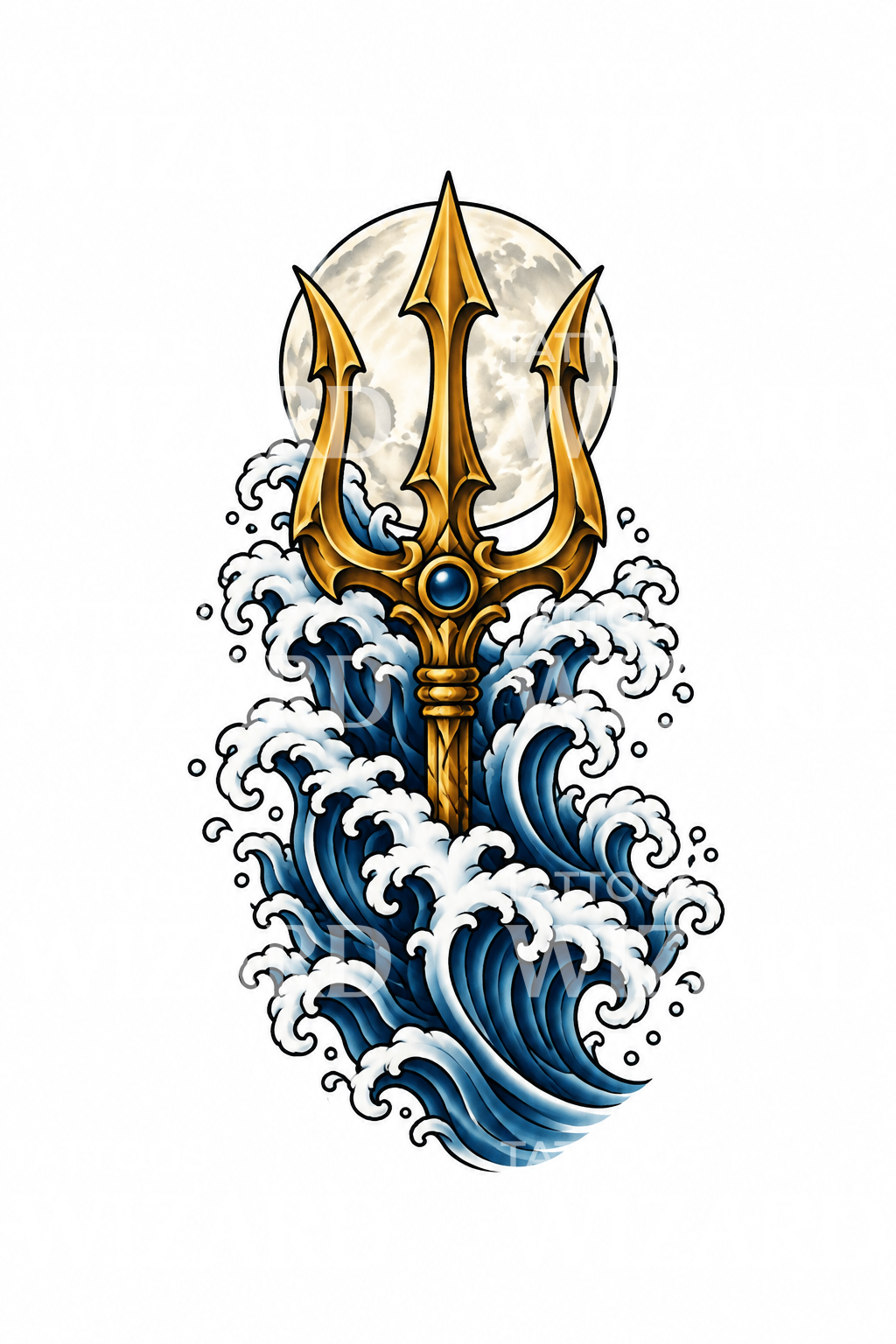 Poseidon Trident in Japanese Waves with Full Moon Tattoo