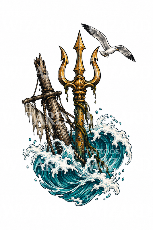 Poseidons trefork, der rejser sig fra bølgen med skibsvrag