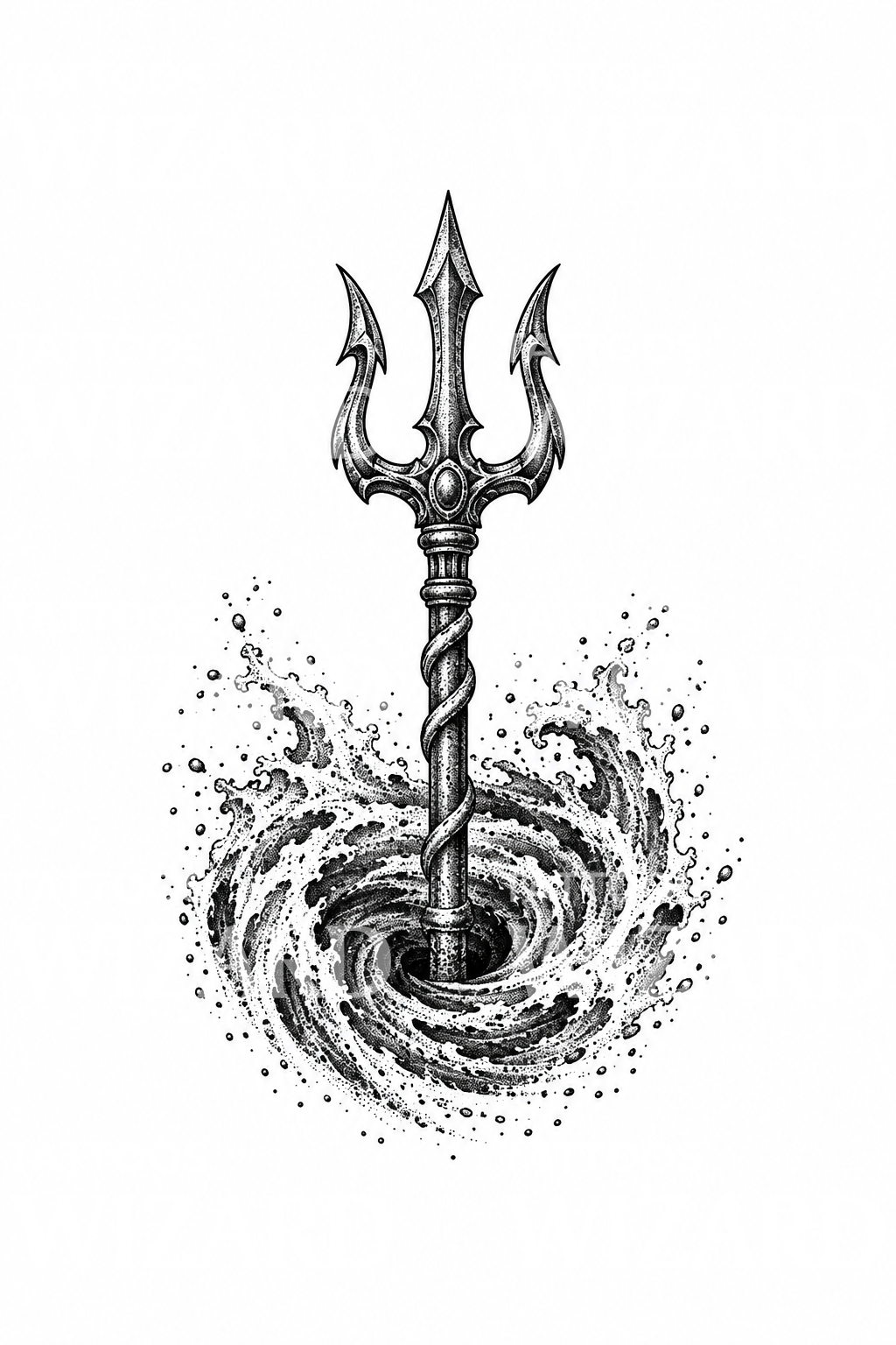 Poseidon Trident Rising from Whirlpool Dotwork Tattoo