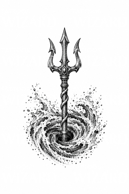 Poseidon Trident Rising from Whirlpool Dotwork Tattoo