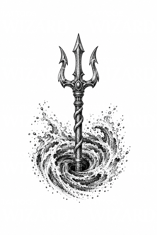 Poseidon Trident Rising from Whirlpool Dotwork Tattoo