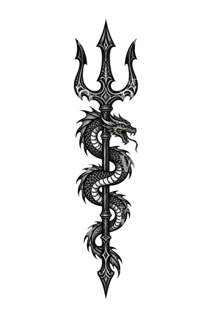 Poseidonin kolmikärki merikäärmeellä, blackwork-tatuointi