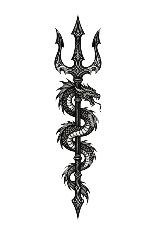 Poseidonin kolmikärki merikäärmeellä, blackwork-tatuointi