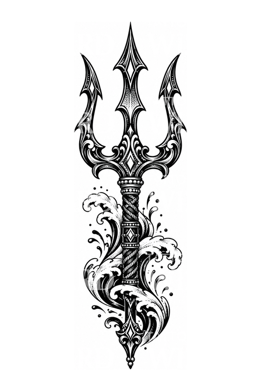 Tatouage blackwork du trident de Poséidon avec vagues