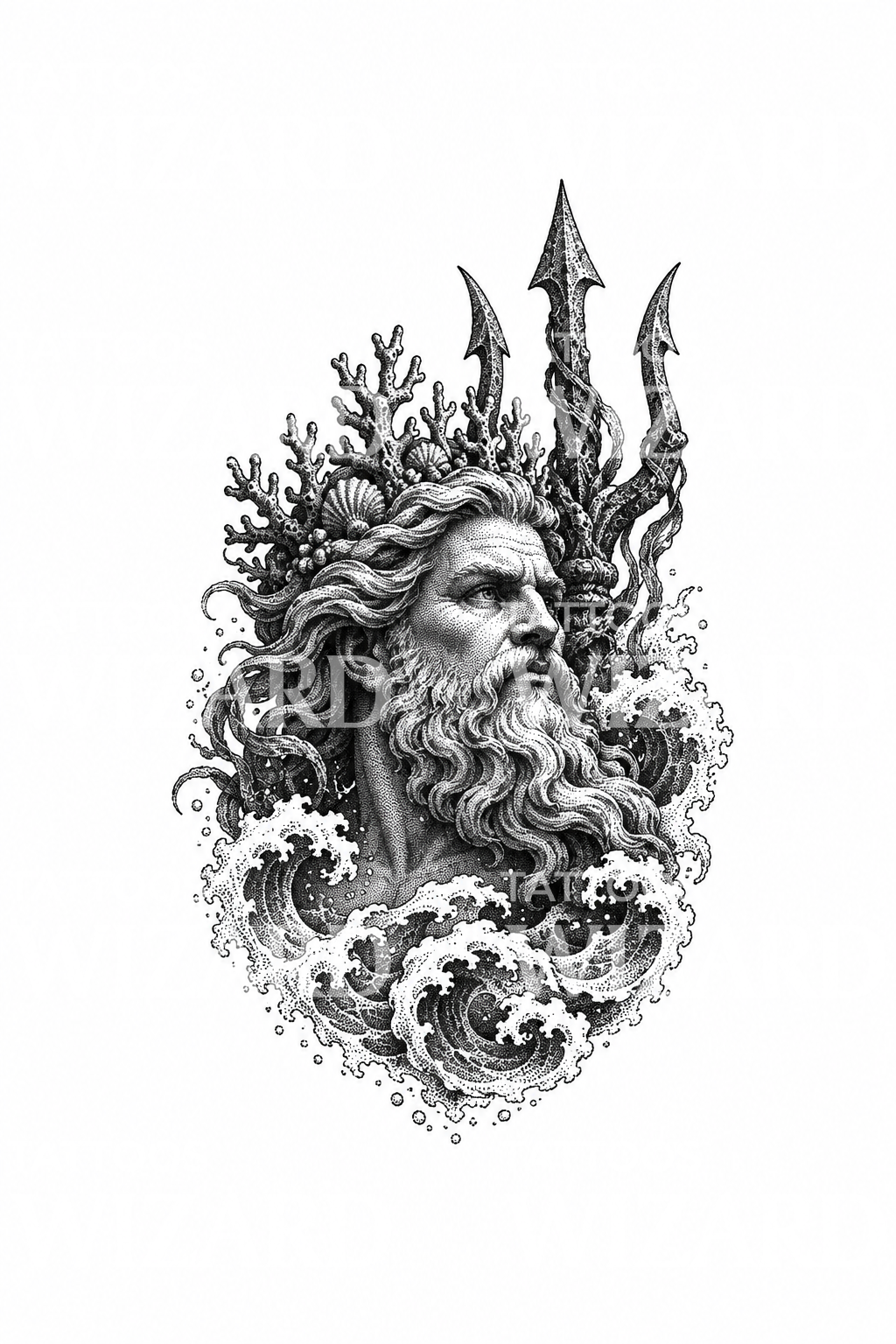 Poseidon s korunkou z korálů v tečkovaných vlnách, tetování