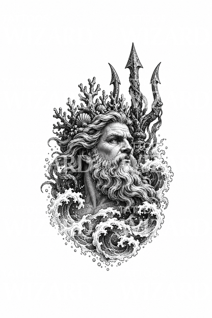 Poseidon s korunkou z korálů v tečkovaných vlnách, tetování