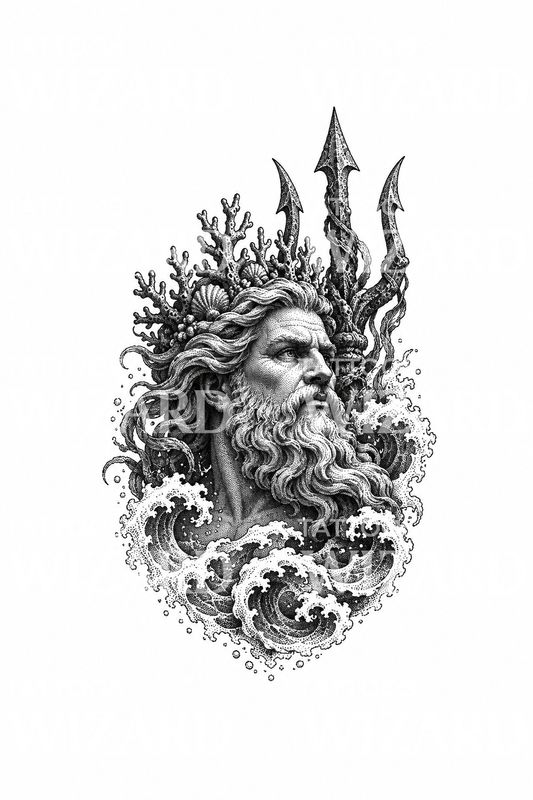 Poseidon s korunkou z korálů v tečkovaných vlnách, tetování