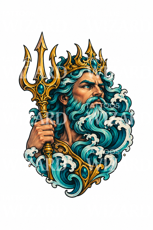 Poseidon-tatoveringsdesign med gyllen trefork og bølger