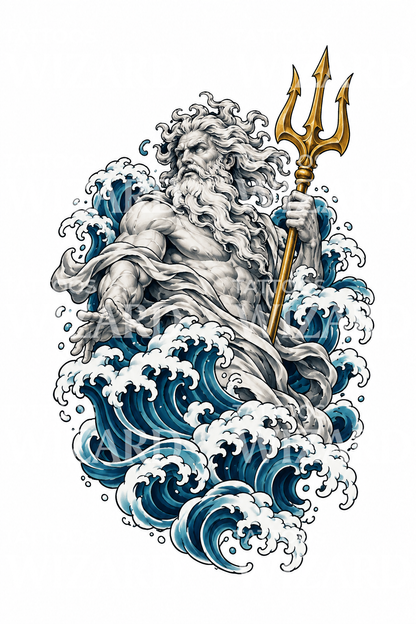 Poseidon met drietand in Japanse golven, tattoo-illustratie