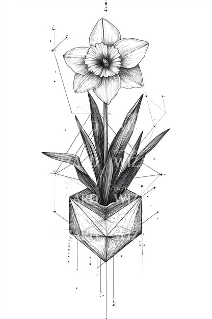 Desain Tato Garis Bunga Daffodil dalam Pot